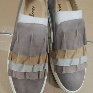 Vaneli Suede Ruffle Slip-on Shoes - Only. Beige